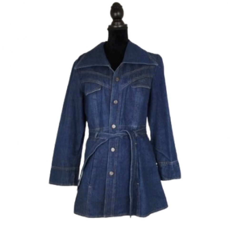 Vintage 60’s 70’s Women’s Long Jean Jacket Pointy Collar Dark Blue Denim Belted